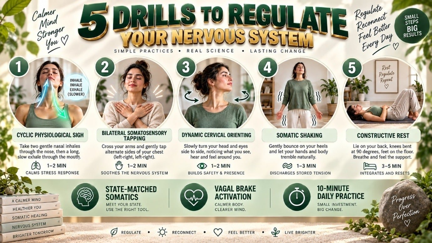 Step by step educational roadmap of 5 clinical nervous system regulation techniques from physiological sigh to psoas release