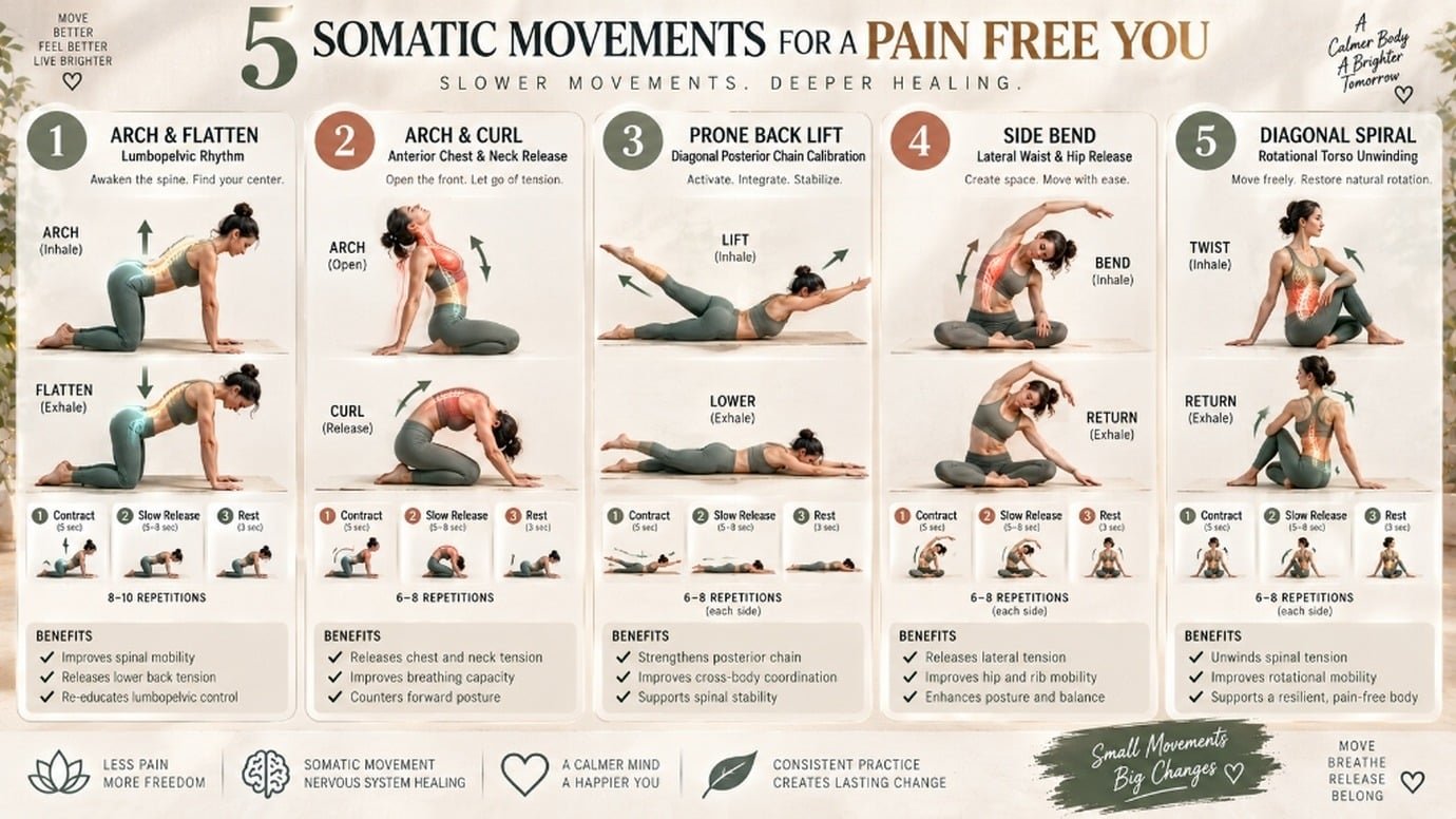 Step by step somatic movement protocol featuring 5 essential drills for chronic pain relief