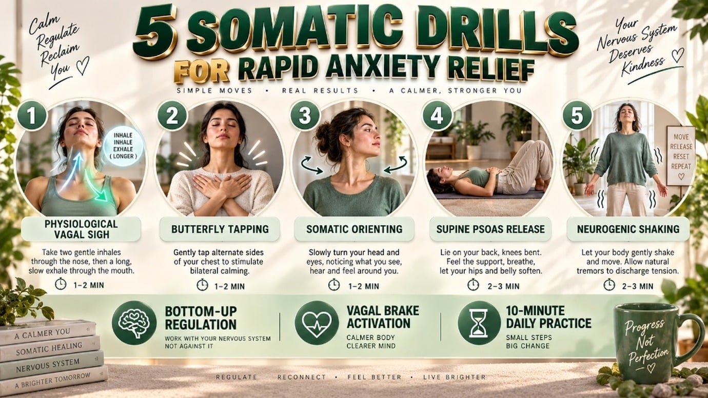Step by step educational roadmap of 5 clinical somatic exercises for anxiety from physiological sigh to neurogenic shaking