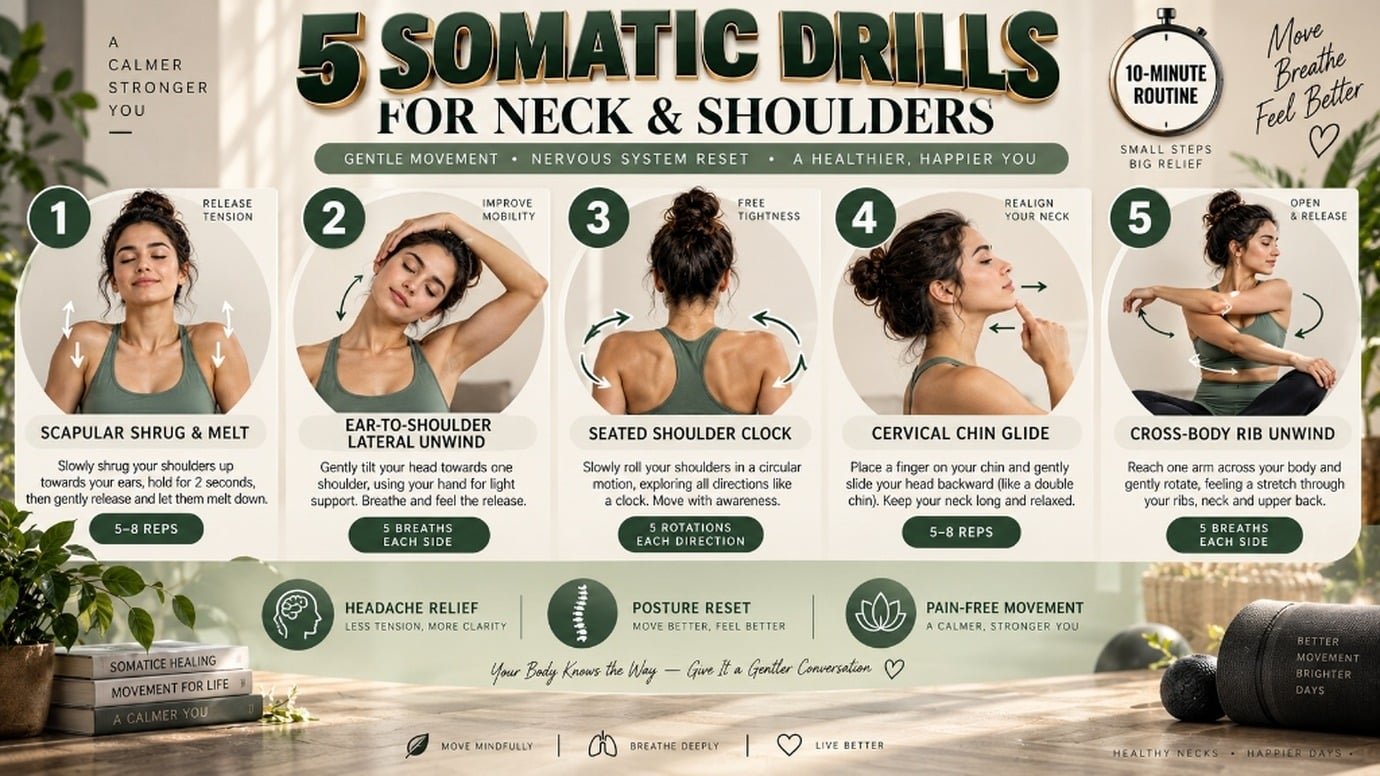 Step by step visual roadmap of 5 clinical somatic exercises for neck and shoulders from scapular shrug to cross-body rib unwind