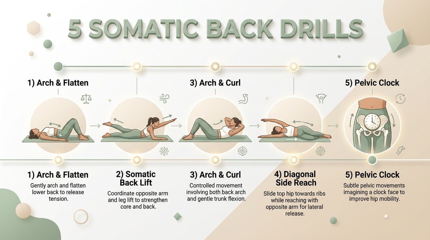 5 somatic exercises for lower back pain infographic roadmap from arch and flatten to pelvic clock