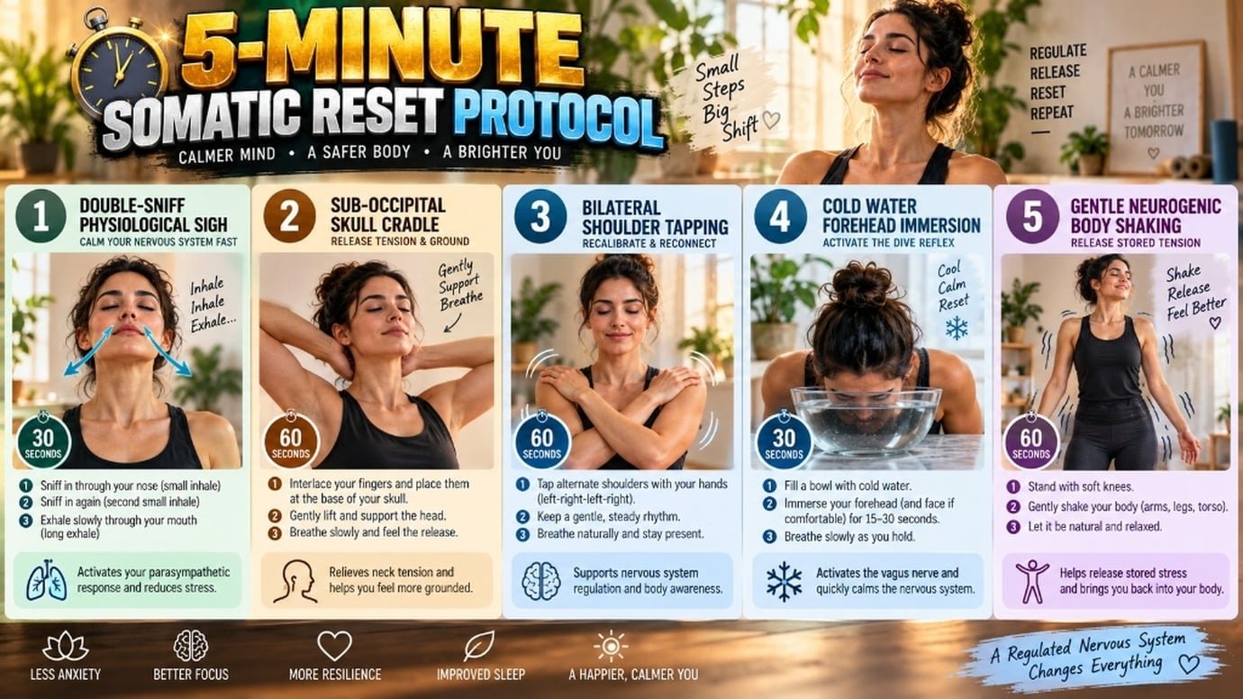 Step by step visual tutorial demonstrating five immediate somatic reset drills including physiological sigh, skull cradle, bilateral tapping, and cold immersion