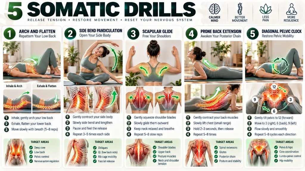 Visual step by step tutorial card displaying the 5 essential pandiculation exercises for whole body chronic stiffness relief