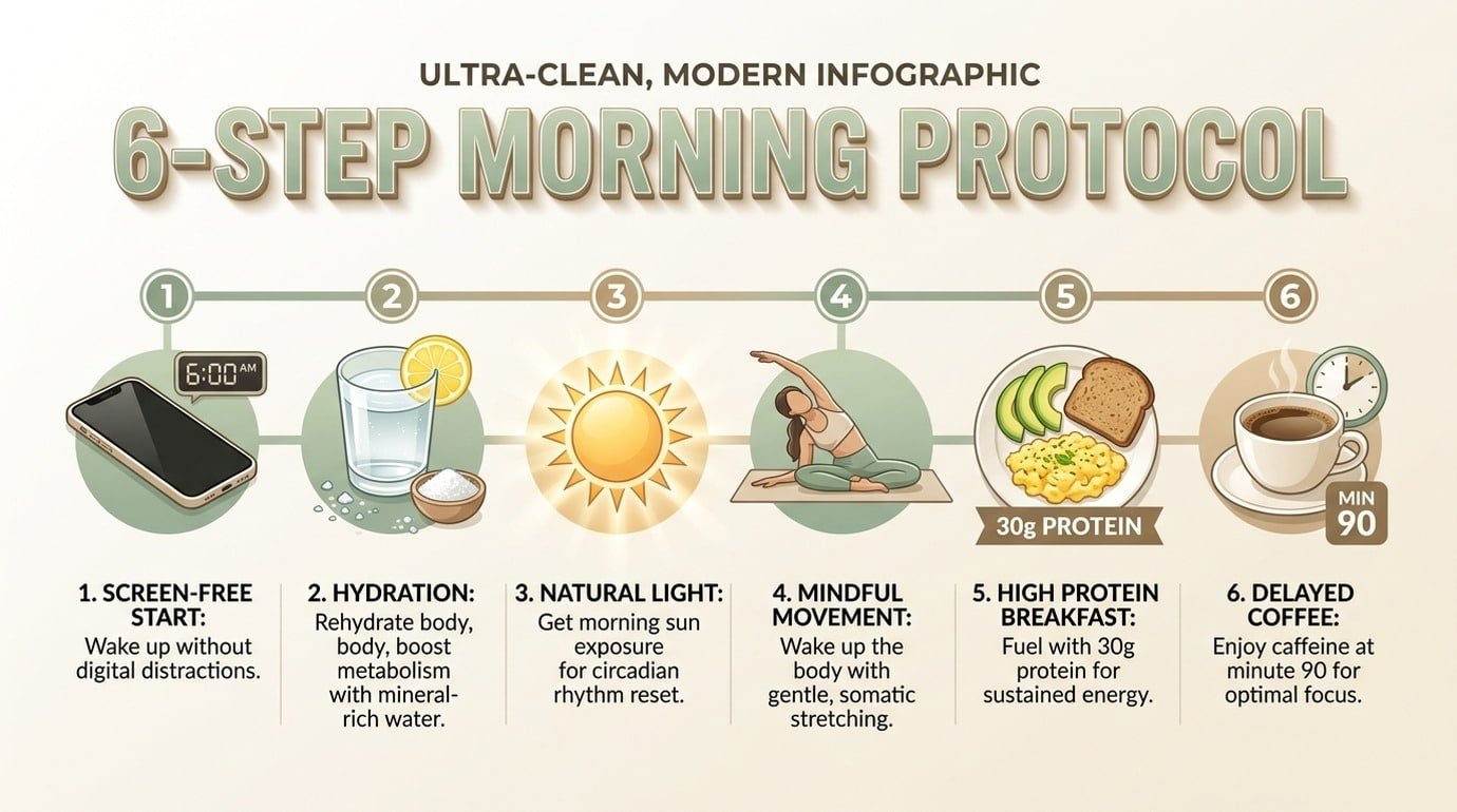 6 step cortisol lowering morning routine timeline from screen free waking to delayed coffee