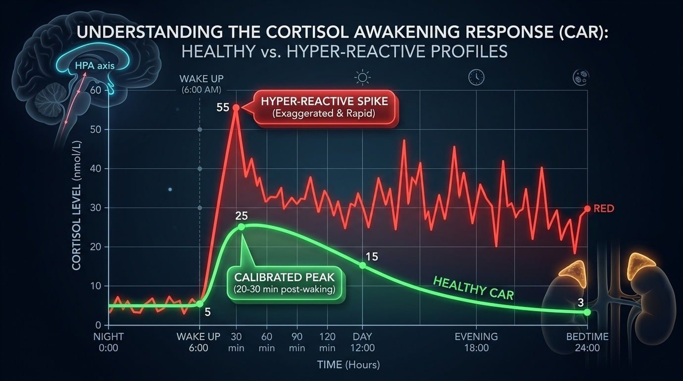 Diurnal cortisol awakening response graph comparing hyper-reactive panic spike against healthy circadian rhythm