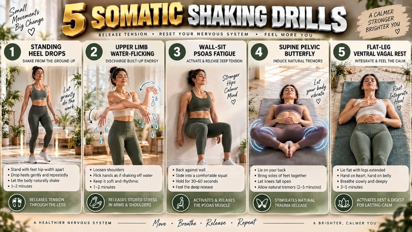 five step somatic shaking exercise for trauma release visual tutorial card showing progressive drills