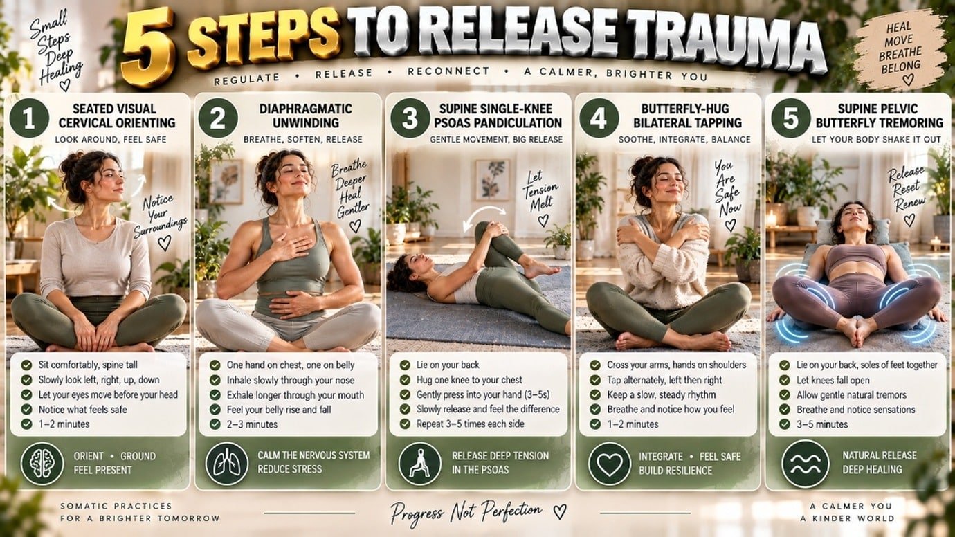 five step somatic routine showing how to release stored trauma in the body safely