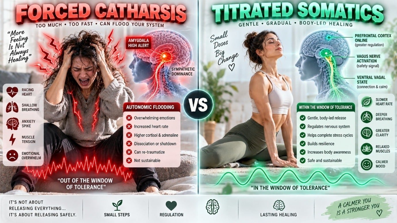 clinical comparison infographic contrasting forced emotional catharsis with safe somatic titration