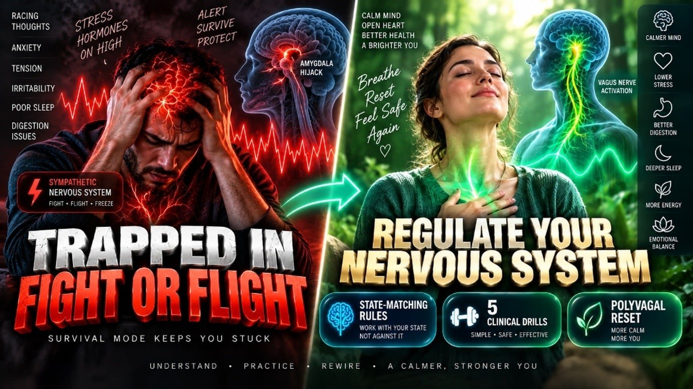 YouTube thumbnail style comparison contrasting nervous system dysregulation in fight or flight versus calm ventral vagal regulation