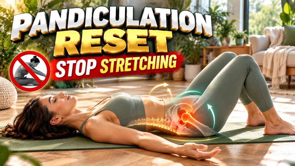 Woman practicing supine clinical arch and flatten pandiculation exercises for chronic stiffness on a yoga mat in a tranquil natural living room