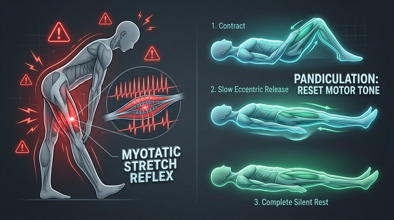 Diagram comparing how passive stretching triggers the myotatic reflex versus how somatic pandiculation releases muscle tension