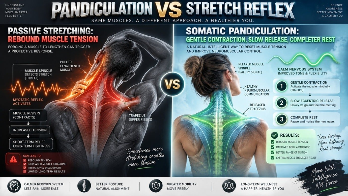 Diagram comparing how passive stretching triggers rebound muscle tension versus how somatic pandiculation restores calm neuromuscular control