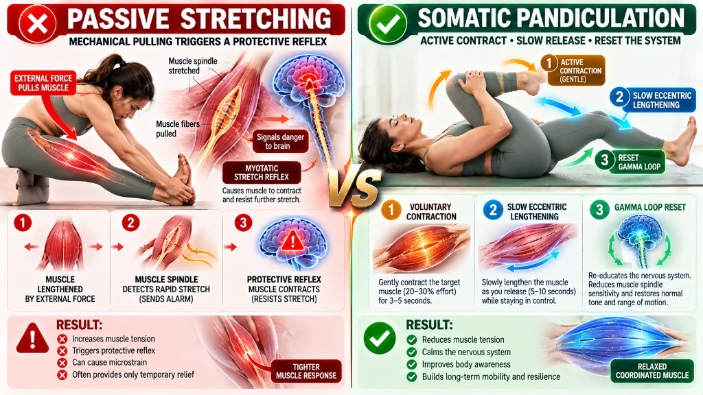 Clinical anatomical infographic comparing somatic pandiculation gamma loop reset with passive stretching myotatic reflex rebound