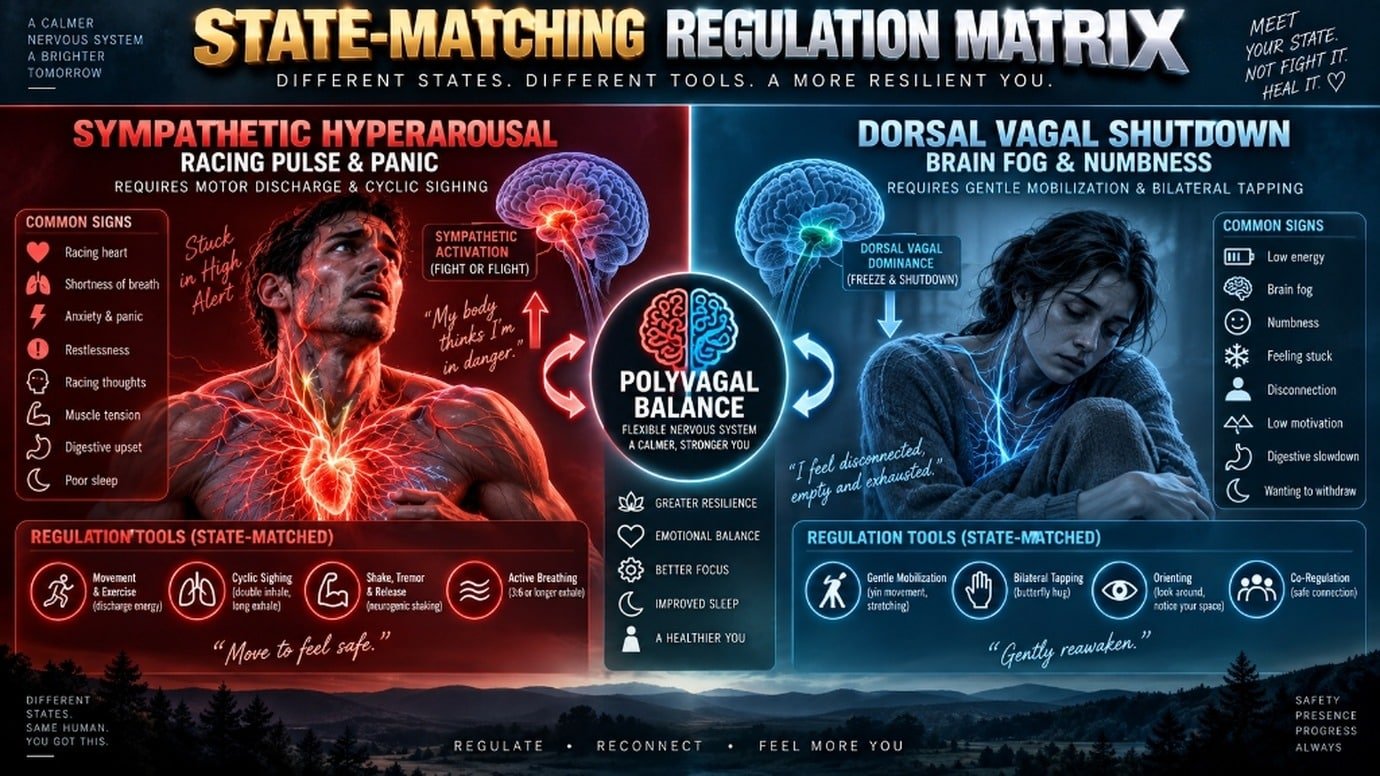 Clinical medical infographic chart mapping nervous system regulation techniques to sympathetic hyperarousal versus dorsal vagal shutdown