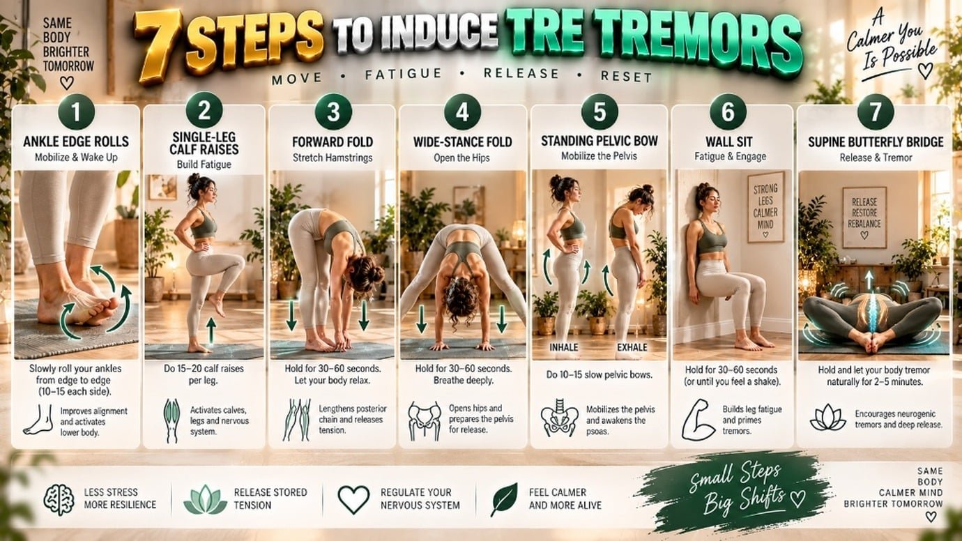 seven step visual tutorial card showing trauma release exercises tre for beginners