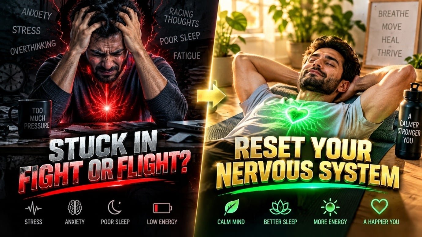 Infographic illustrating the core signs of a dysregulated nervous system comparing stuck in fight or flight versus nervous system reset