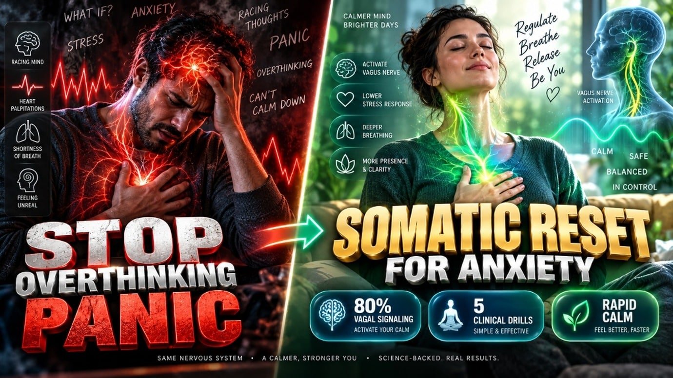 YouTube thumbnail style graphic contrasting cognitive anxiety overload with rapid somatic vagus nerve regulation