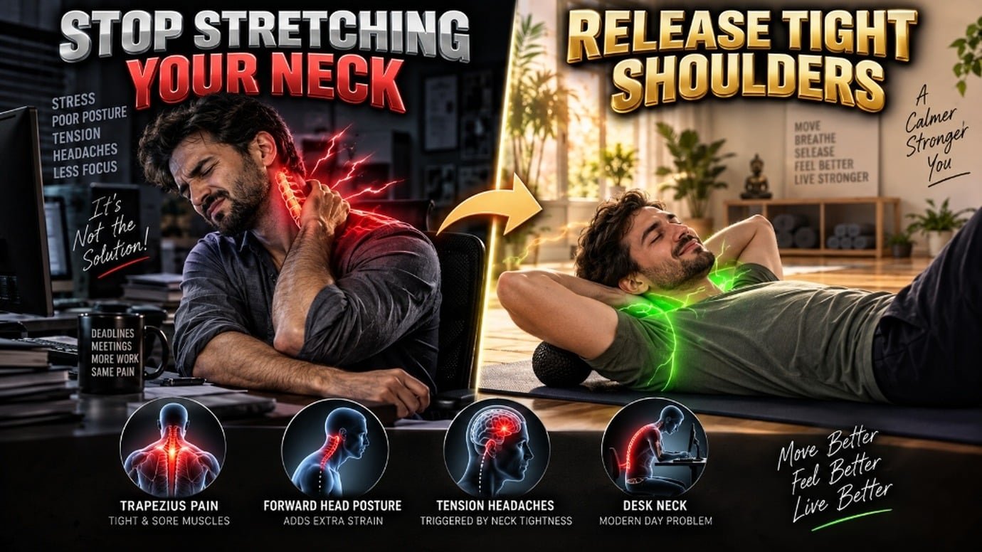 YouTube thumbnail comparison contrasting stop stretching your neck with release tight shoulders somatic exercises