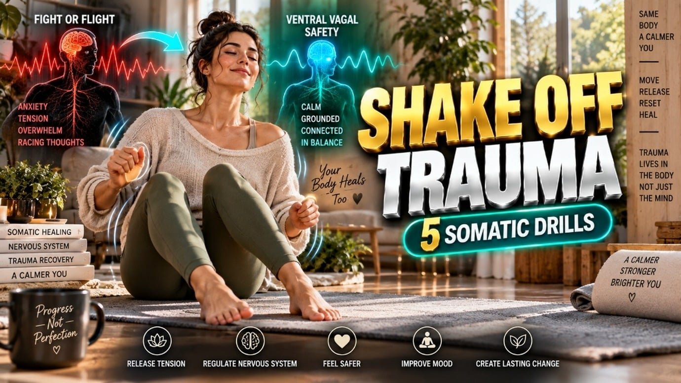 somatic shaking exercise for trauma release hero graphic showing neurogenic tremoring routine