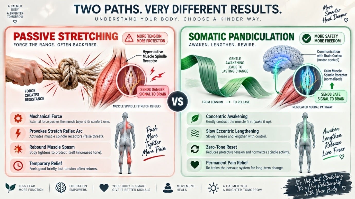 Clinical comparison chart between passive stretching rebound spasm and somatic pandiculation neuromuscular release