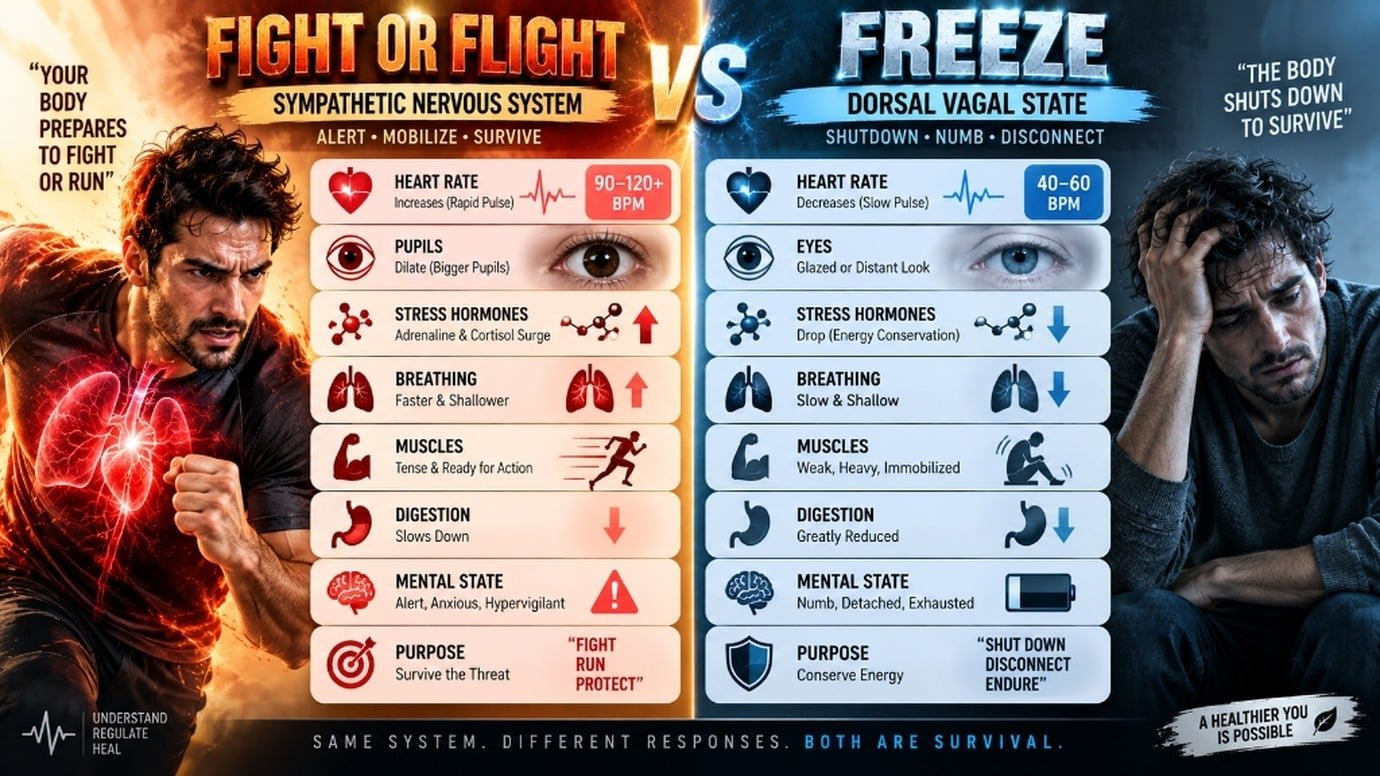 Comparison diagram showing sympathetic fight or flight versus dorsal vagal freeze states with physiological biomarkers