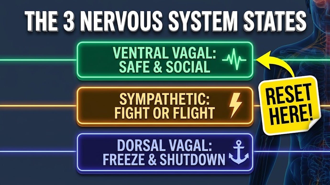 Diagram of the 3 nervous system states showing ventral vagal sympathetic and dorsal vagal shutdown to learn how to reset nervous system