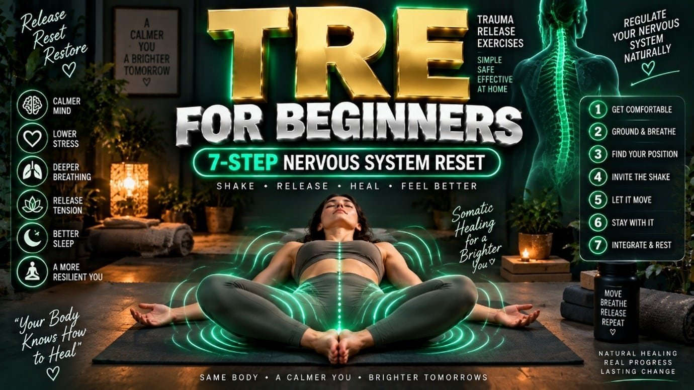 trauma release exercises tre for beginners hero graphic showing somatic tremor routine