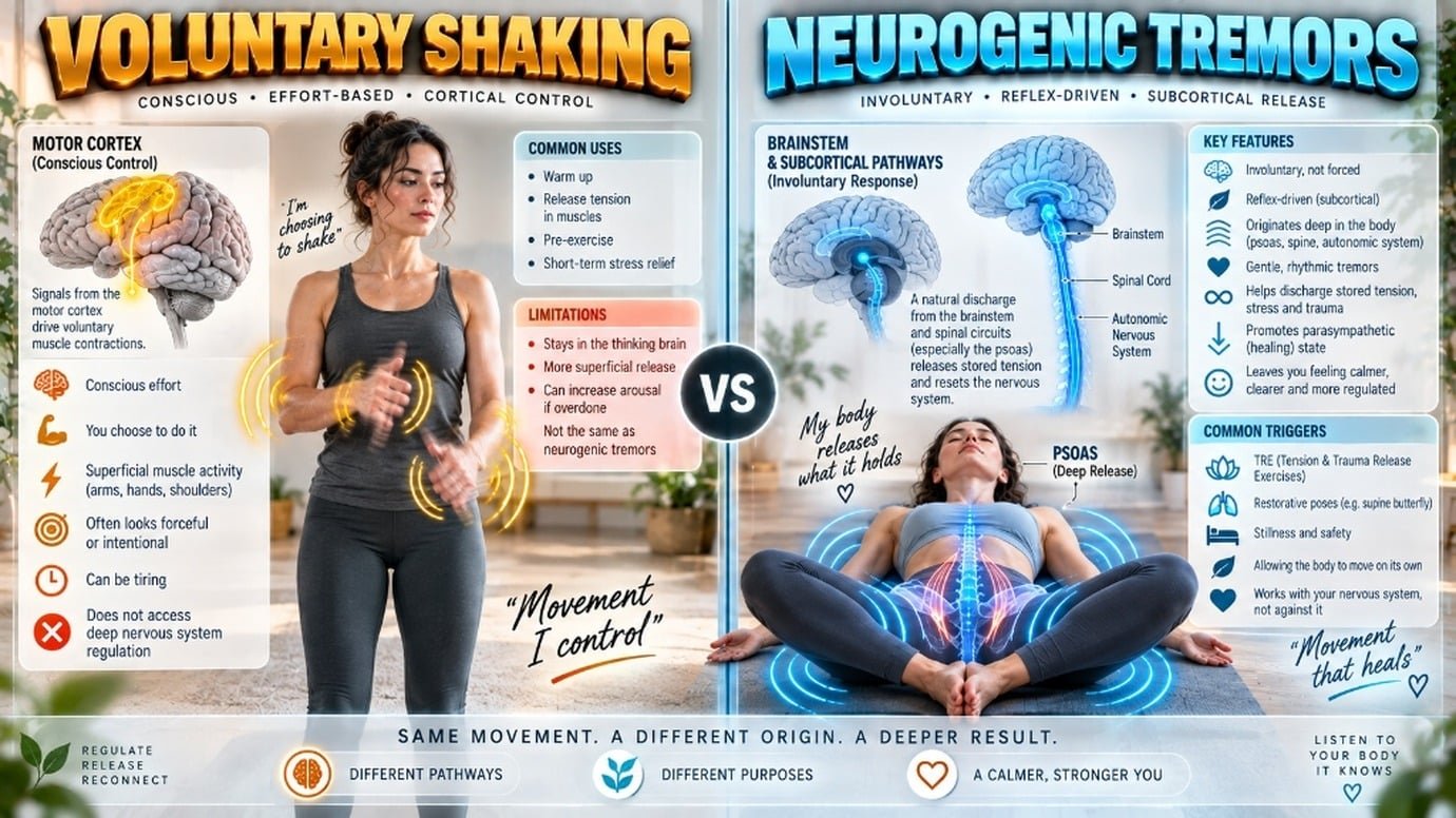 clinical comparison infographic showing voluntary shaking versus involuntary neurogenic tremors