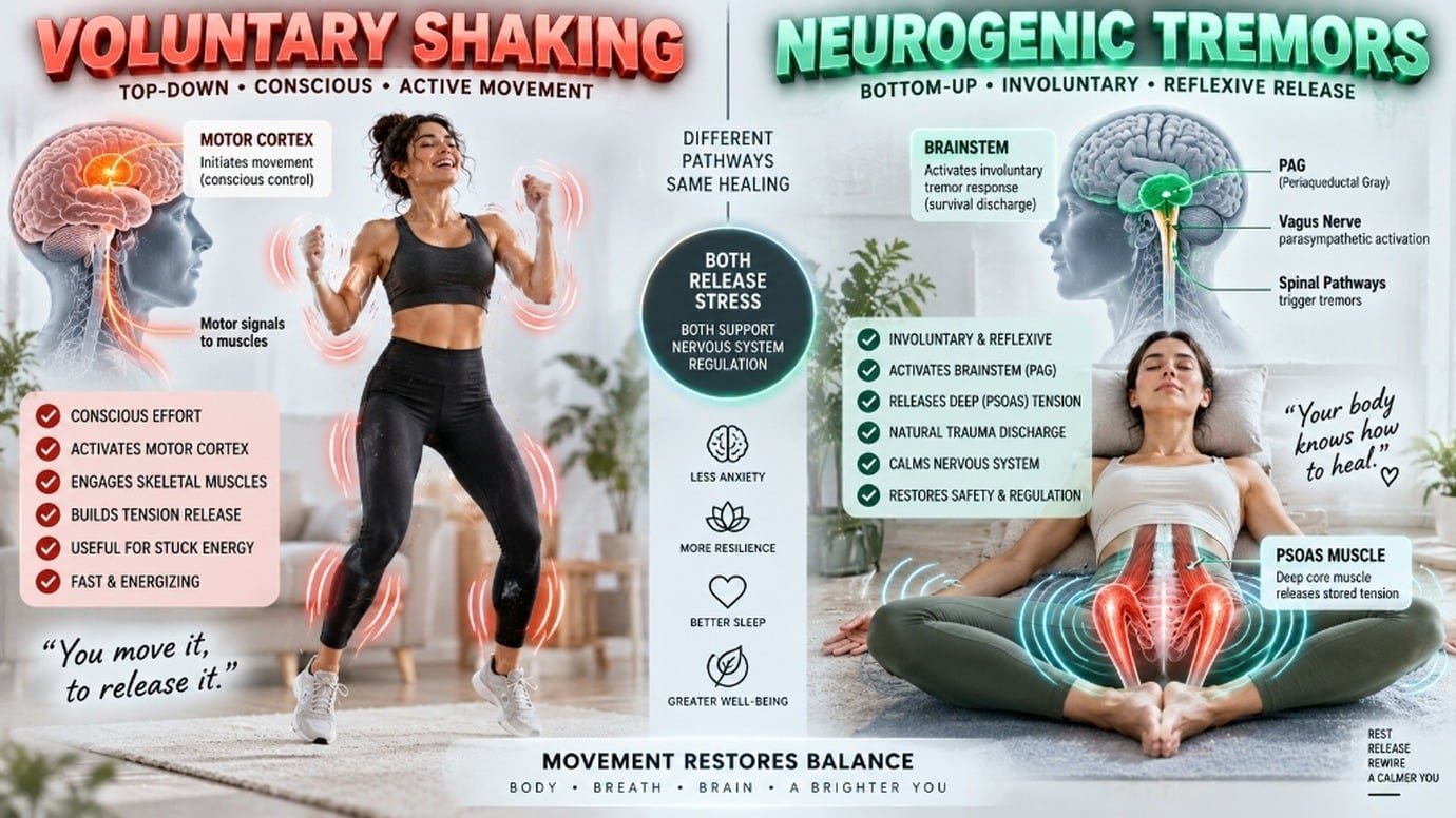 clinical comparison infographic comparing voluntary somatic shaking with involuntary neurogenic tremors