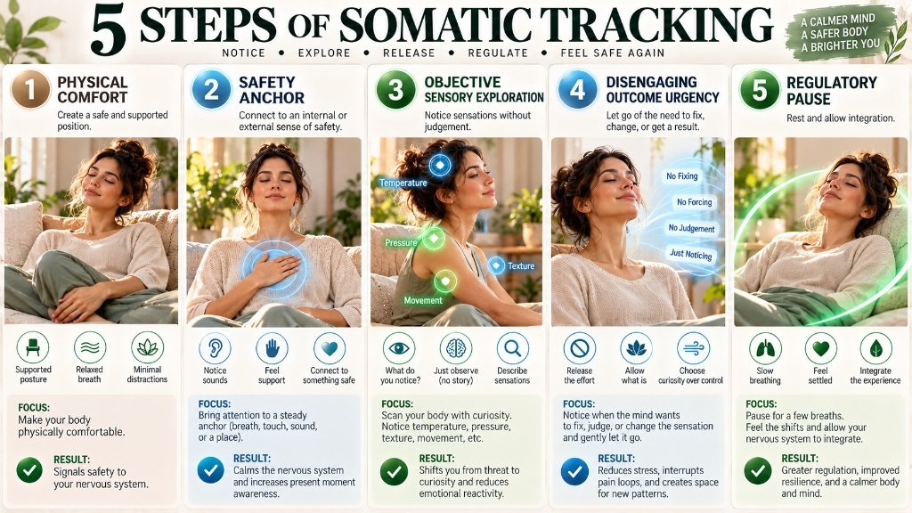 Visual step by step tutorial card displaying the 5 clinical stages of somatic tracking for chronic pain recovery