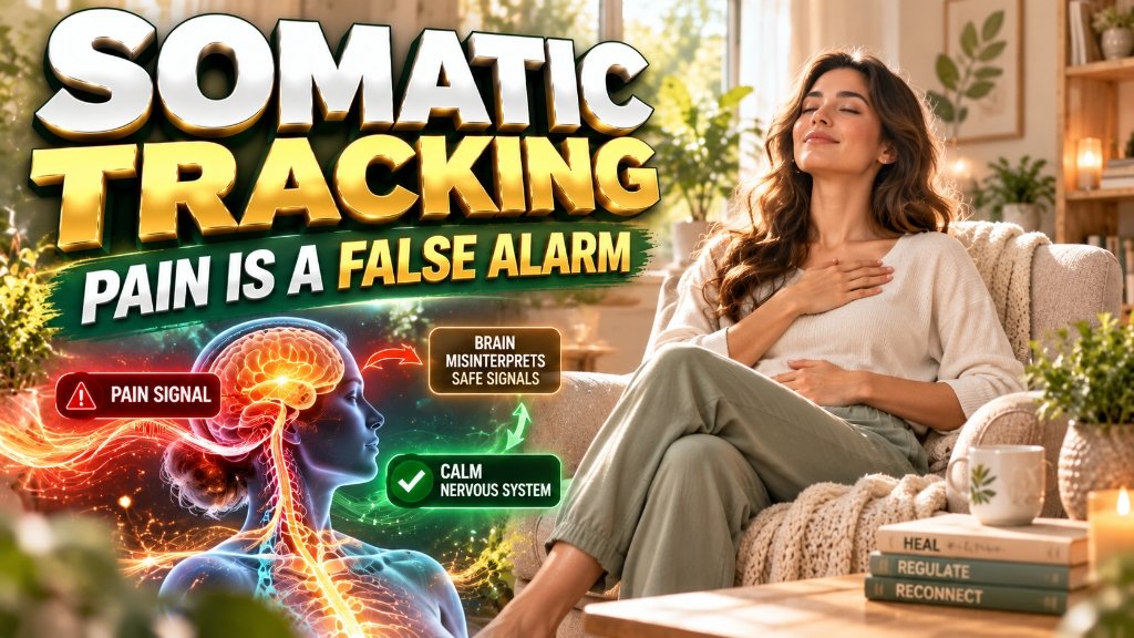 Woman practicing mindful somatic tracking for chronic pain in a serene sunlit living room with calm facial expression